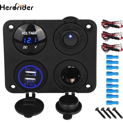Herorider Dual USB Car Charger Adapter Cigarette Lighter Socket LED Digital Voltmeter Switch 12V Socket 4 Hole Switch Panel