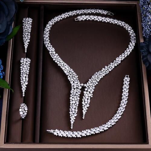 JaneKelly Luxury Sparking Brilliant Cubic Zircon Drop Earring Necklace Heavy Dinner Jewelry Sst Wedding Bridal jewelry sets