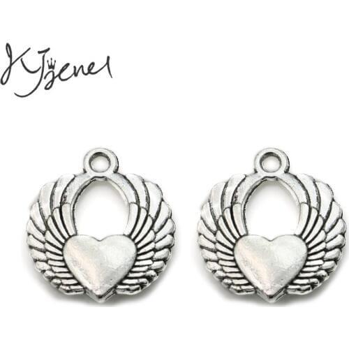 KJjewel Antique Silver Plated Angel Wings Heart Charms Pendant for Jewelry Making Accessories Findings DIY Handmade 22x20mm