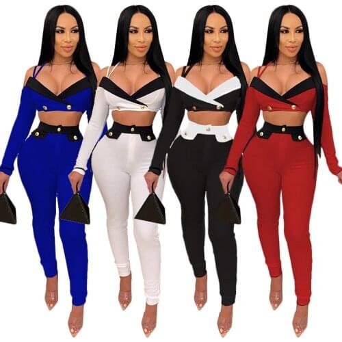 Adogirl 2 Piece Set Women Sexy V Neck Long Sleeve Crop Top And Pants Matching Set Fashion Club Outfits Female Tracksuit Plus Siz