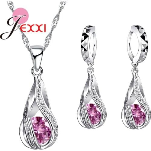 925 Sterling Silver Classic Drop Shape White Crystal Jewelry Sets Water Wave Necklace Pendant Hoop Earrings