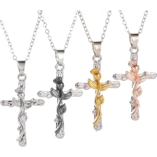 Fashion Rose Flower Cross Pendant Necklace Jesus Cross Pendant Necklaces Gifts Jewelry For Men Women Accessories