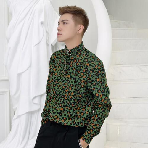 M-3xl Mens Long-sleeved Shirts Korean Version Of The Trend Of Youth Slim Stand Collar Tie Comfortable Green Leopard Shirt Tide