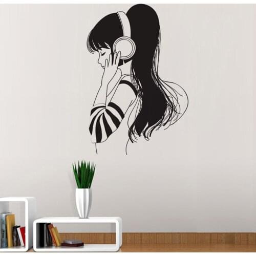 Music Listener Long Hair Girl Vinyl Wall Decal Home Decor Bedroom Art Mural Removable Wall Stickers