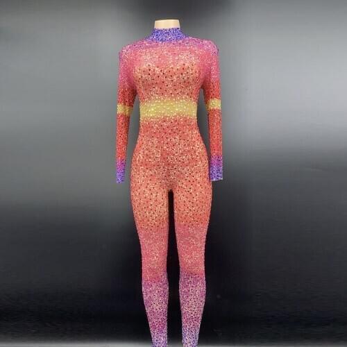 2020 New Multi-color Rhinestones Transparent Jumpsuit bar Women Dancer Leggings Stage Wear Birthday Celebrate Outfit