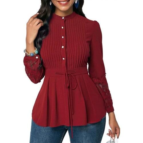 Office Lady Plus Size Stand Collar Lace Stitching Cuff Waist Drawstring Shirt