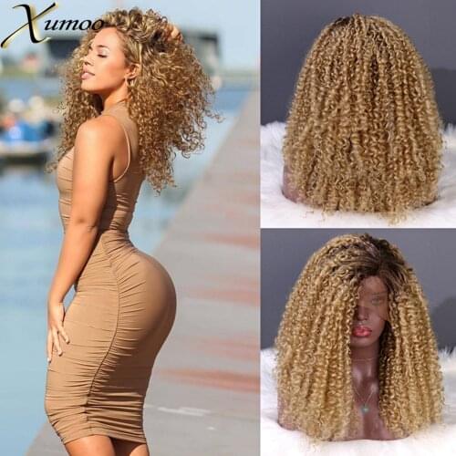 Xumoo Ombre Honey Blonde Kinky Curly Synthetic Wig With Brown Roots None Lace Heat resistant Cosplay Wigs For Black Women