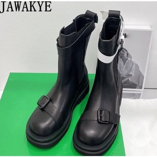 Black Real Leather Motocrycle Boots Women Thick sole Belt Buckle Designer Ankle Boots Winter Fashion Hot Sale Brand Botas mujer