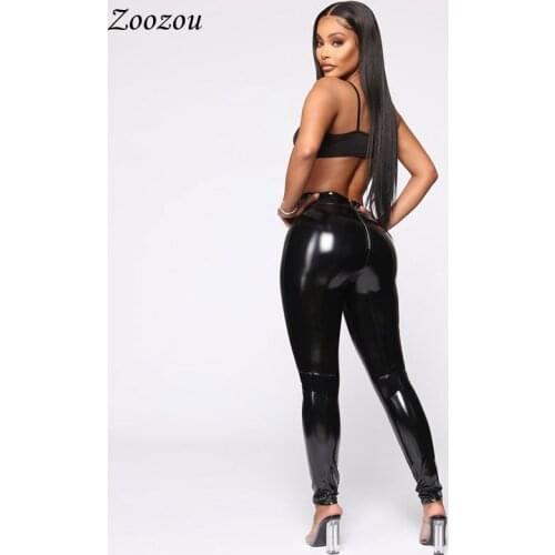 Sexy Latex Pu Leather Pants Leggings Outfit Women Black High Waist Back Zipper Trousers Female Skinny Faux Leather Pants Custom