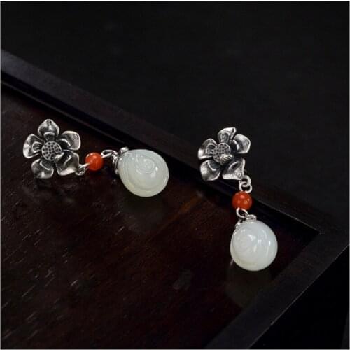 Uglyless Real 925 Sterling Silver Handmade Vintage Thai Silver Flower Earrings Jade Rose Flower Earrings for Women Fine Jewelry