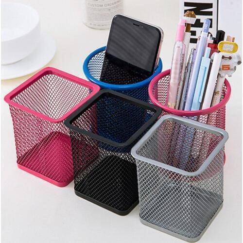 Mesh Metal Pen Pencil Brush Holder Round Squre Storage Cases Container Desk Organization Home Office Storage Organizer
