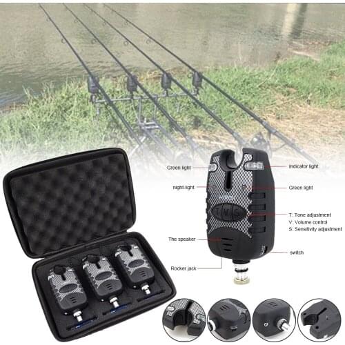 Fishing Bite Alarms Adjustable Volume Sensitivity Sound and Light with Swinger and Tackle Case
