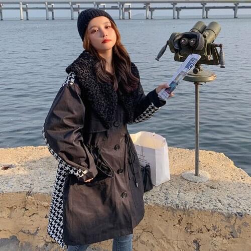 Winter Pie Overcoming Cotton Jacket Female Houndstooth Contrast Stitching Korean Loose Lapel Mid-length Tooling New Womens Coat