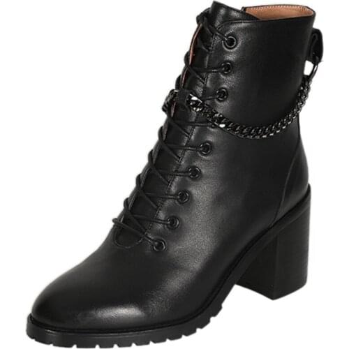 Autumn Winter Ankle Boots Women Shoes Thick Bottom Black Platform Elegant Shoes Women Lace Up Boots Shoes Genuine Leather A208
