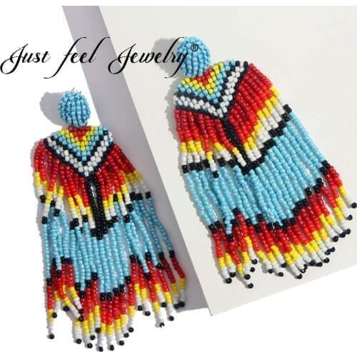 JUST FEEL Beads Tassel Big Drop Earrings For Women Bohemian Trendy Handmade Geometric Long Pendant Dangle Earring Ethnic Jewelry