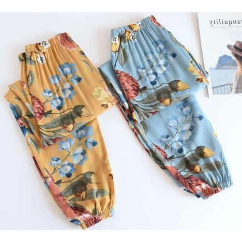 Womens Spring and Summer Pure Cotton Pajama Pants Loose Style Close-up Bloomers Cotton Silk Autumn Mosquito Pants Home Pants