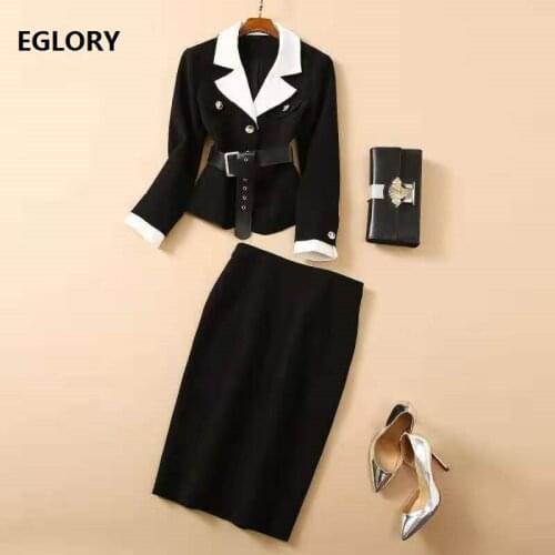 High Quality New Blazer Sets 2021 Spring Autumn Business Suit Women Notched Collar White Color Block Blazer Coat+Pencil Skirts