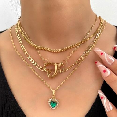 Flatfoosie 2021 New Gold Color Metal Heart Choker Necklaces For Women Fashion Multi Layer Heart Crystal Pendant Necklace Jewelry