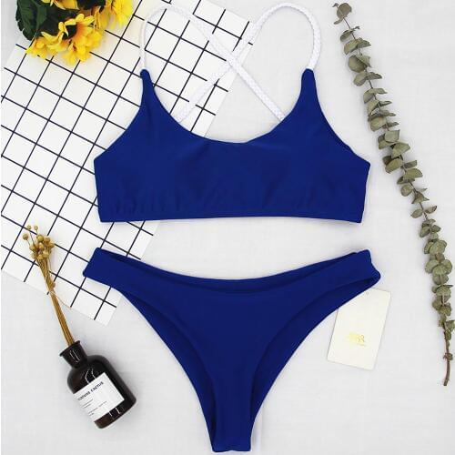 2020 Sexy Bikini Women Simple Solid Blue Push Up Padded Mini Swimsuit Bikini Set Wire Free With Chest Pad Sexy Swimsuits