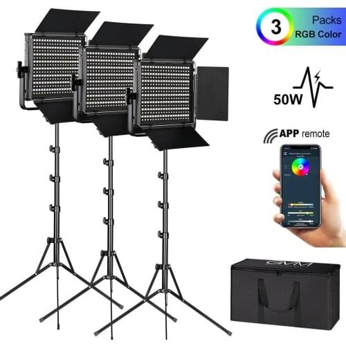 GVM 480LS 3 Sets Photography LED Video Lighting with Stand Kit 2300K-6800K CRI97 Dimmable Video Light Panel for Wireless APP