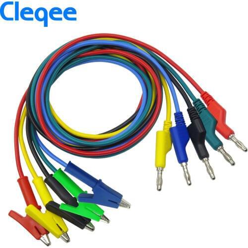 Cleqee P1037 1Set 5Pcs 1M 4mm Banana Plug to Alligator Clip Crocodile Test Probe Lead Wire Test Cable