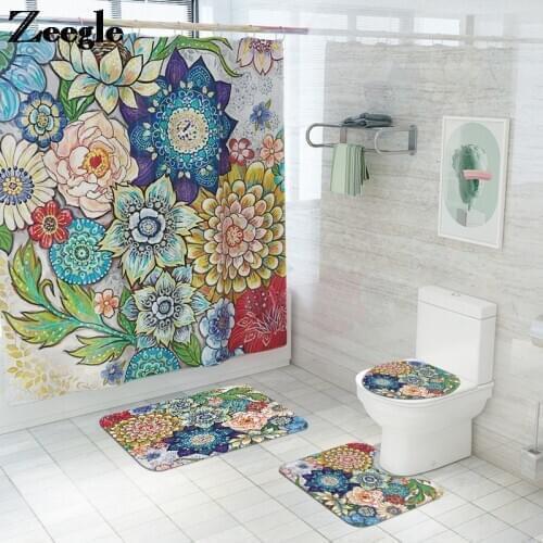 Floral Printing Bath Mat and Shower Curtain Carpet Mat Bathroom Toilet Mat Bathroom Curtain Set Non-slip Foot Mat