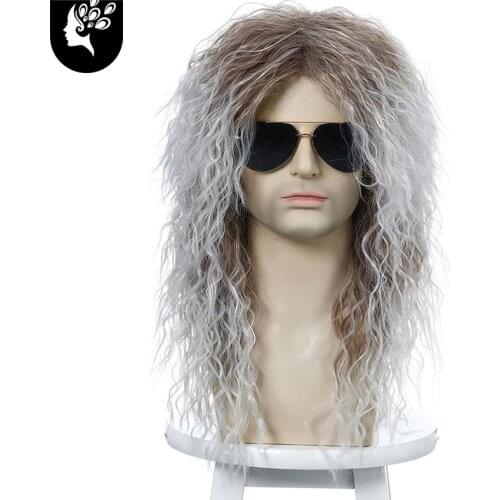 Long Synthetic Curly Wigs for Men Cosplay Ombre Male Black Silver Grey Fluffy Hair Nightclub Bar Wig With Bangs Your Beauty