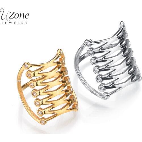 UZone Luxury Jewelry Hollow Gold Color Crystal Women Full Finger Ring Stainless Steel Ring for Women Engagement Gift