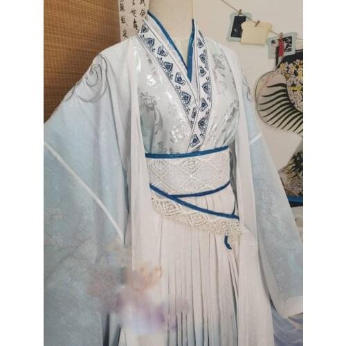 Unisexual Male Female White Blue Embroidery Fairy Costume Hanfu Cos Lan Zhan Lan Wangji for Anime The Founder of Diabolism