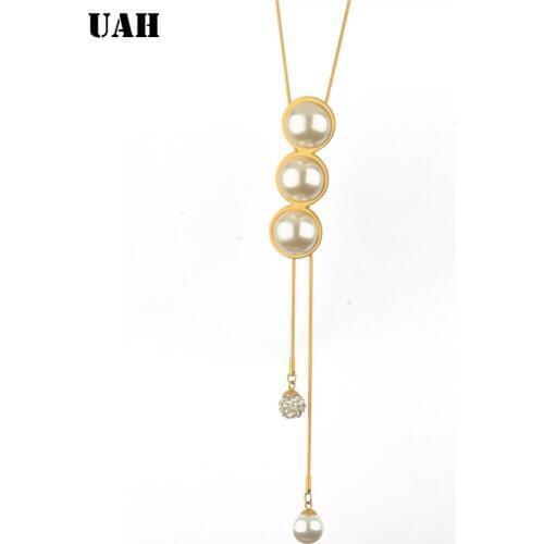 UAH Stainless Steel Round Necklace Long Pearl Pendant Necklace Gold Color for Women Lady Girl