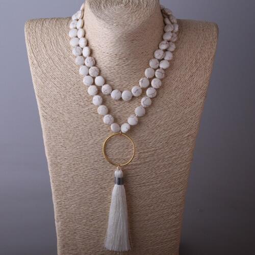 MOODPC Fashion Bohemian Tribal Jewelry Flat White Stones Bead Stones White Tassel Necklace