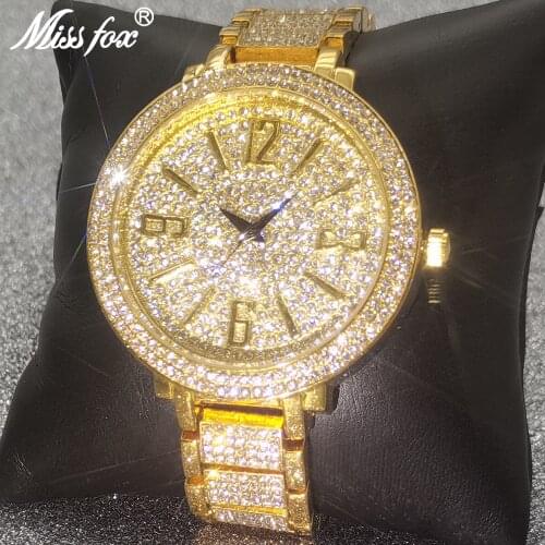 MISSFOX Man Watches Large Dial Big Numbers Full Diamond Gold Wealth Luxury Watch Bling Super Shining AAA Quartz Jewelry Clocks