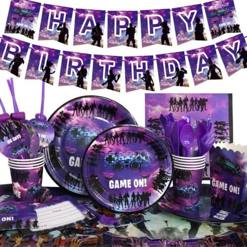 Purple Video Games Party Tableware Supplies Tableware Set Plates Table Cover Napkins Dinnerware Baby Shower Birthday Decorations