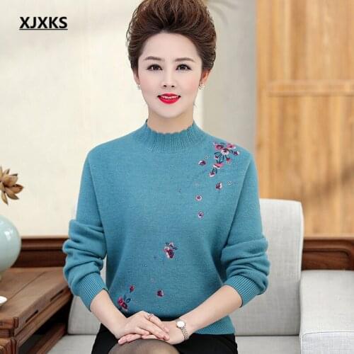 XJXKS 2021 winter new thick warm women sweater high quality cashmere knitted sweater women embroidery pullover