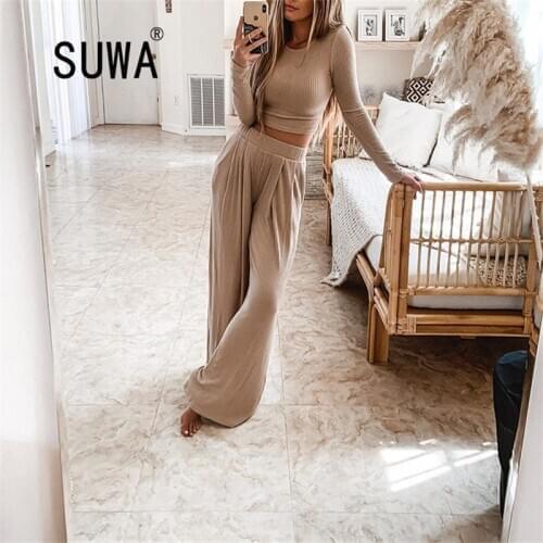 2020 Autumn Loose Basic Knit Women Two Piece Set Sexy Crop Top And Wide Leg Pants Suit Casual Matching Sets Elegant Work Outfits