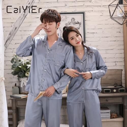 CAIYIER Silk Satin Couple Pajamas Set Soild Embroidery Love Sleepwear Winter Long Sleeve Loungewear Women & Men Nightwear M-3XL