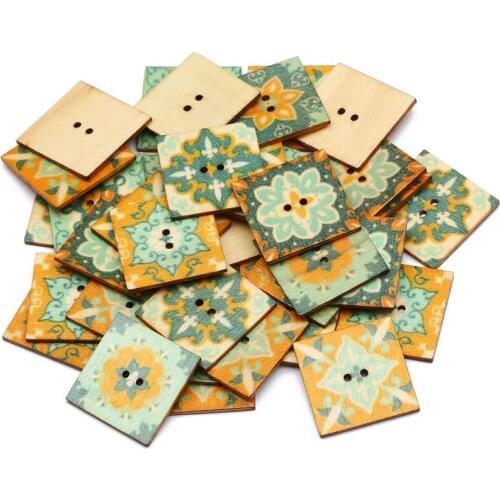 Mixed 50pcs Square Buttons 25mm Natural Wooden Clothing Decoration Scrapbook For Handmade DIY Decoration Accessories