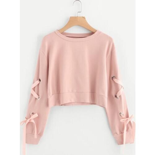 Spring Clothes Women Hoodie Womens Casual Lace Up Long Sleeve Pullover Crop Top Solid Sweatshirt Ropa De Mujer Streetwear #T2P