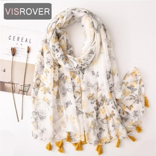 Visrover New Summer Tropical Beach Scarves Tourist Shawl Floral Butterfly Print Scarf Boho Women Scarfs With Tassel Wholesales