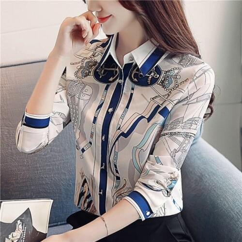 Fun Printed Chiffon Shirt Polo Collar Long Sleeve Color Commuter Shirt Ladies Top Spring