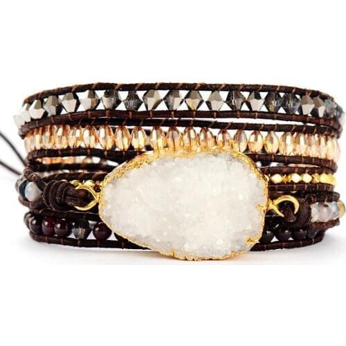 Womens Bracelets Unique Natural Stones Crystals Natural Druzy Charm 5 Layers Leather Wrap Bracelets Fashion Bracelet Dropship