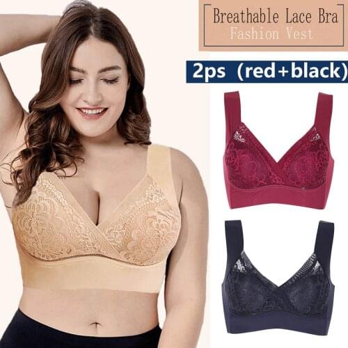 2 Pcs Womens Large Cup Bras Women Yoga Extra-elastic Breathable Lace Trim Bra Underwear Half-transparent Lace Lingerie Лифчик