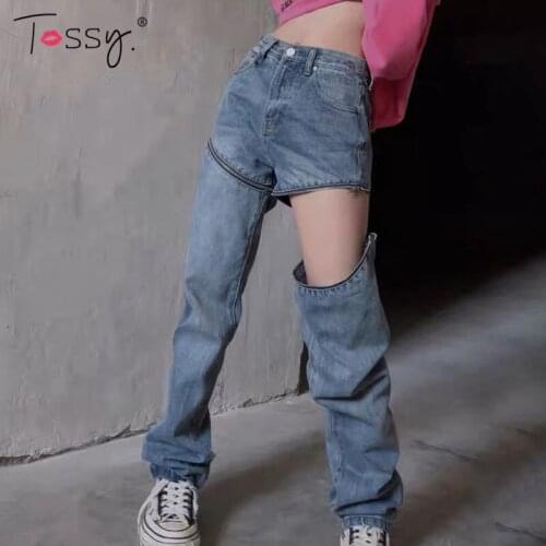 Tossy 2021 Fashion Zipper Removable Jeans Women Straight Leg Trousers Streetwear Casual High Waist Y2K E-girls Denim Pants New