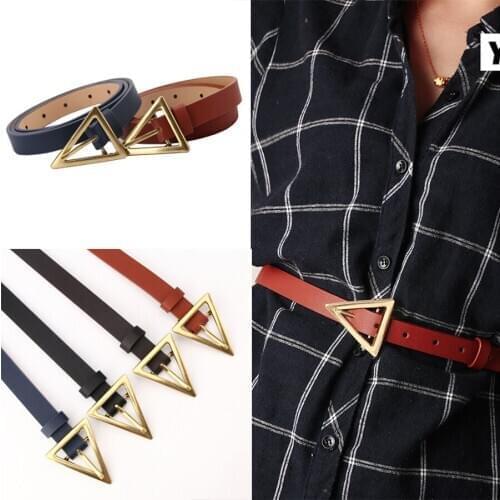 High Quality New Women Charm PU Leather Waist Belt Girdle Alloy Triangle Snap Buckle Jeans Dress Coat Thin Belt Waistband INS