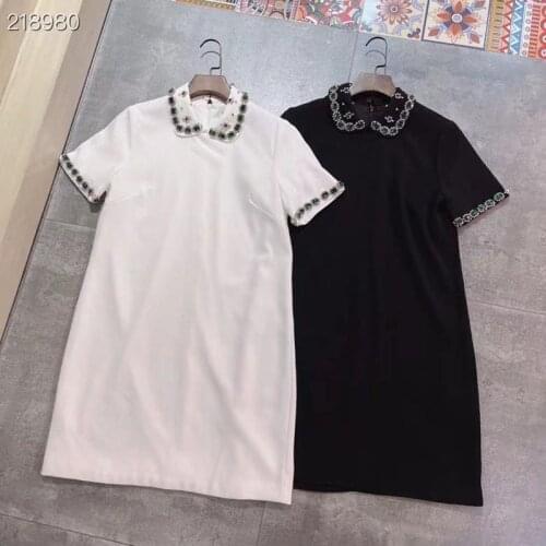 2021 New Fashion Summer Luxury Design Women Beading Collar Short Sleeve Vestido Da Festa Solid Mini Runway Dress