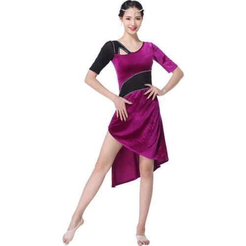 Autumn Winter Dance Wear 2018 Flannelette Half Sleeves Side Slit Rhinestones Tight Belly Dance Dress Ladies Irregular Skirts