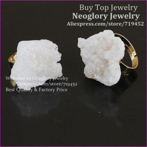 10pcs White Titanium Quartz Druzy Ring Metal Bezel Ring Unique Crystal Quartz Finger Ring Gems Drusy Stone Ring