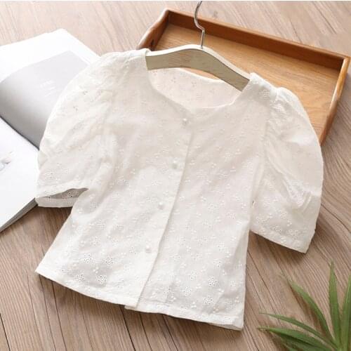 2021 Hot Summer Fashion 2 3 4 5 6 7 8 9 10 11 12 Year White Embroidery Short Puff Sleeve Cotton Blouse Shirt For Baby Kids Girl