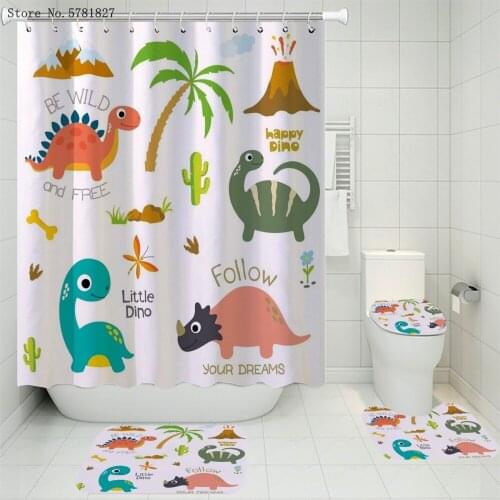 3/4 Pieces Dinosaur Cartoon Shower Curtains Sets Fox Cat Lion Carpet Pedestal Rug Lid Toilet Cover Bath Mat Bathroom Set Decor