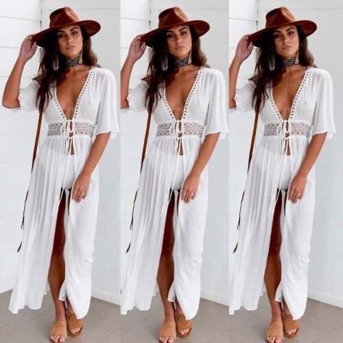 3XL Plus Size Beach Long Maxi Dress Women Bikini Cover Up Tunic Pareo White V Neck Dress Robe Swimwear Bathing Suit Beachwear